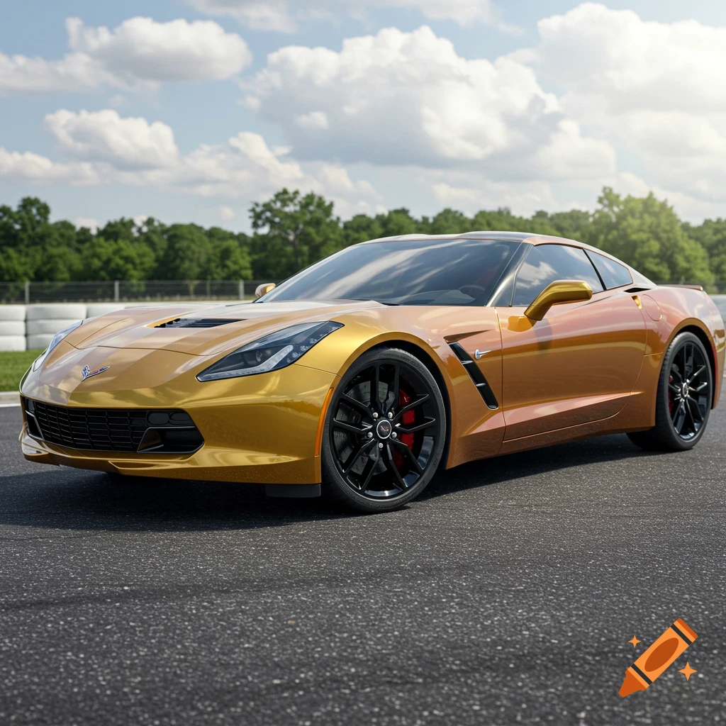 A gold and reddish-gold 2015 Chevrolet Corvette sports car parked on an asphalt track under a cloudy sky.