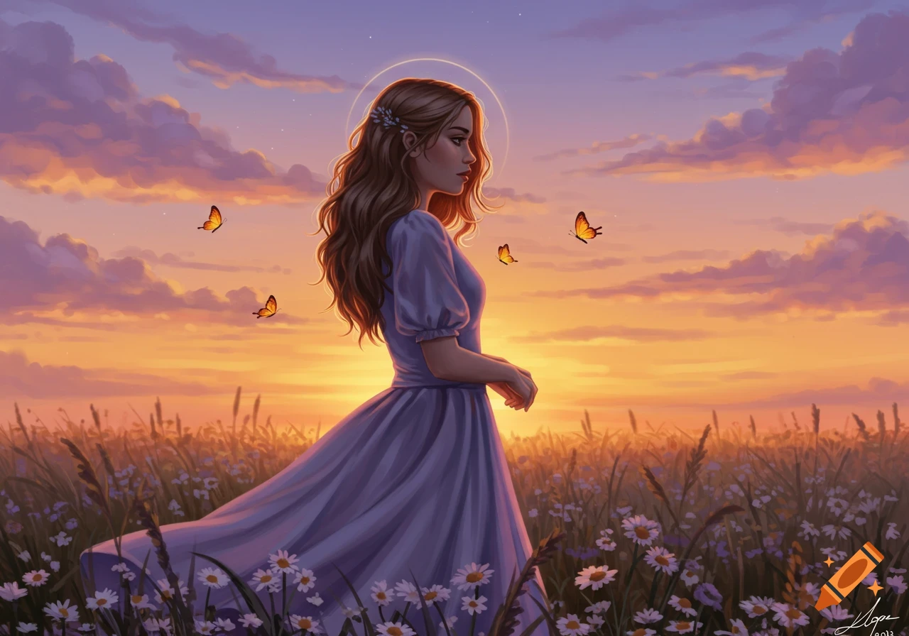 A woman in a purple dress stands in a field of daisies at sunset, surrounded by butterflies. Digital art.