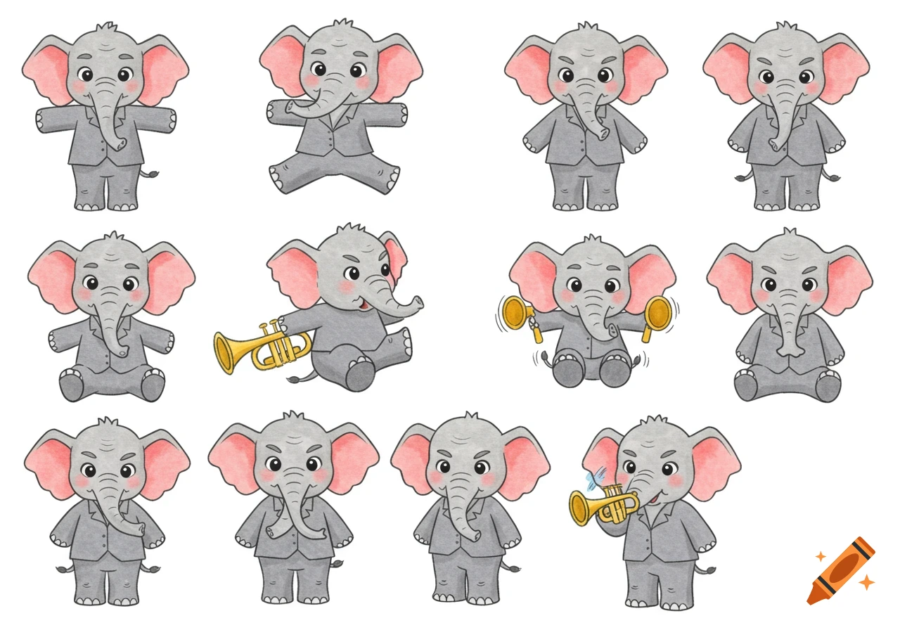 A grid of twelve cute cartoon elephants in grey suits, each depicting a different pose or expression, some holding musical instruments like a trumpet or cymbals.