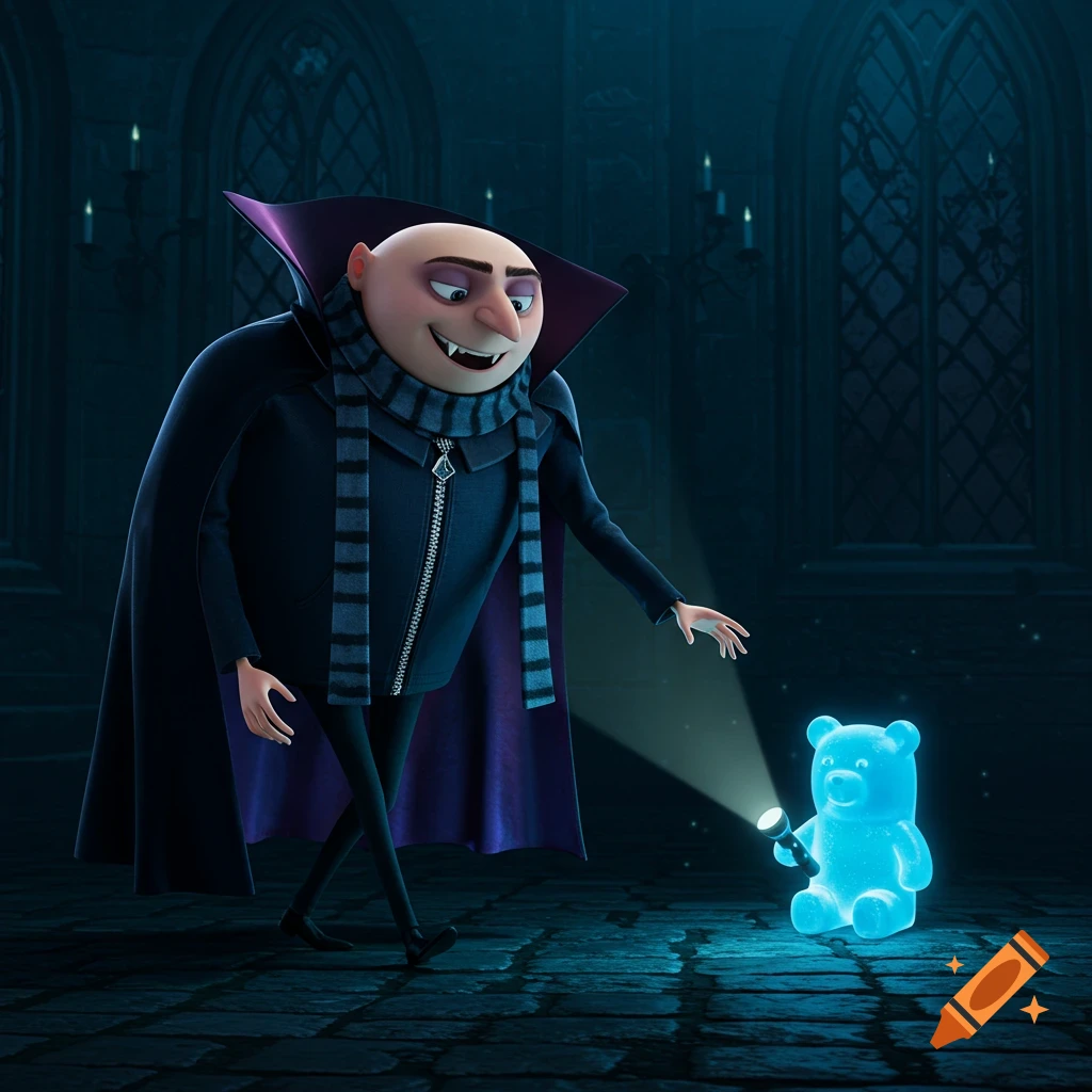 Gru dressed as a vampire in a dark castle reaching for a glowing blue gummy bear with a flashlight. Animated style.