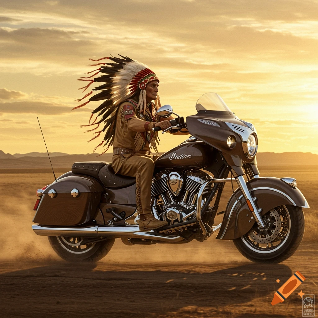 A man in traditional Native American attire and feathered headdress rides a brown Indian Motorcycle on a dusty desert road at sunset.