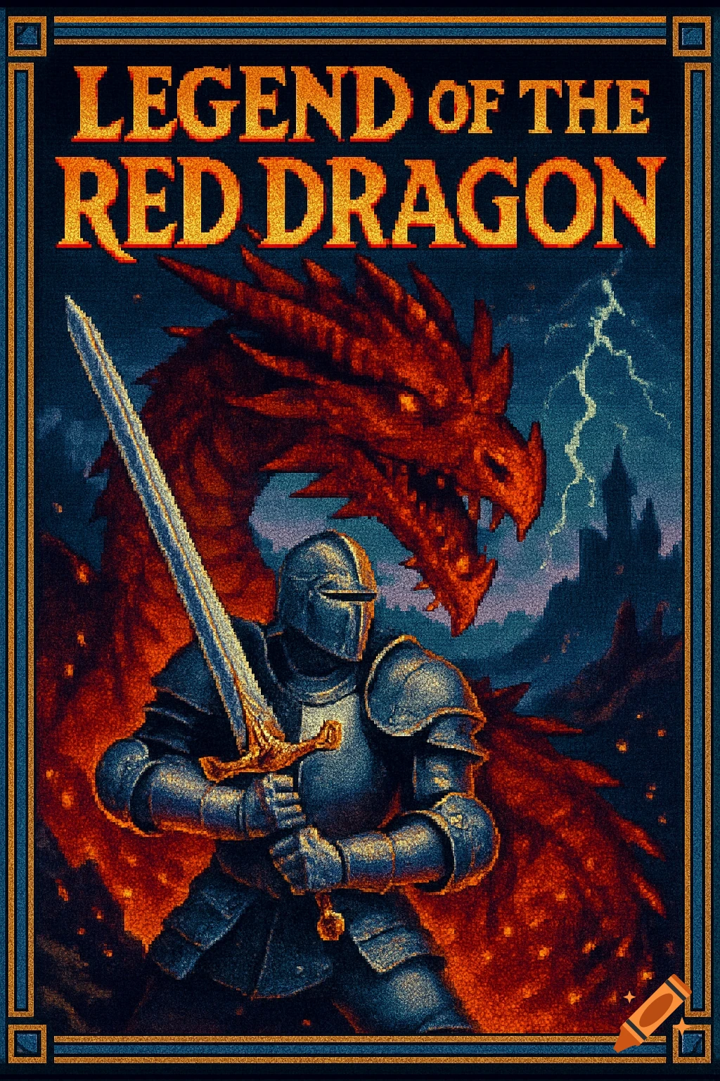Pixel art box art for 'Legend of the Red Dragon' featuring a knight with a sword, a red dragon, and a castle.