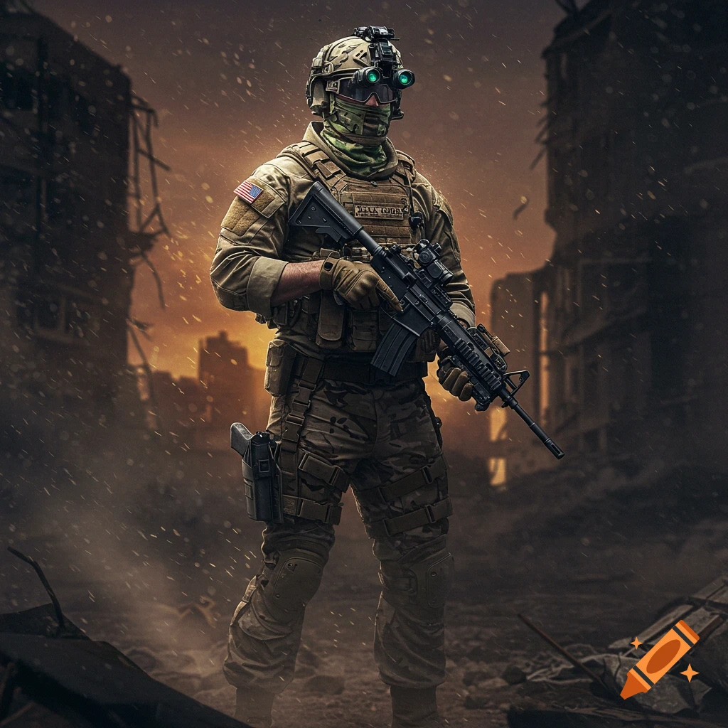 Photorealistic image of a heavily armed soldier in tactical gear and night vision goggles standing in a ruined, smoky urban environment at sunset.