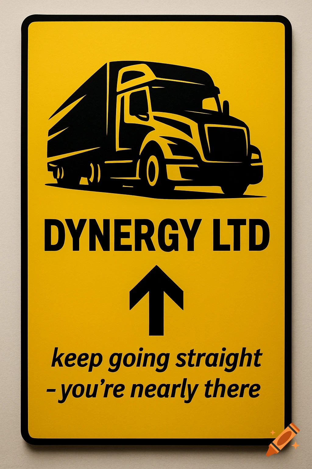 Yellow rectangular sign with a black truck silhouette, 'DYNERGY LTD', an arrow, and 'keep going straight - you're nearly there'.