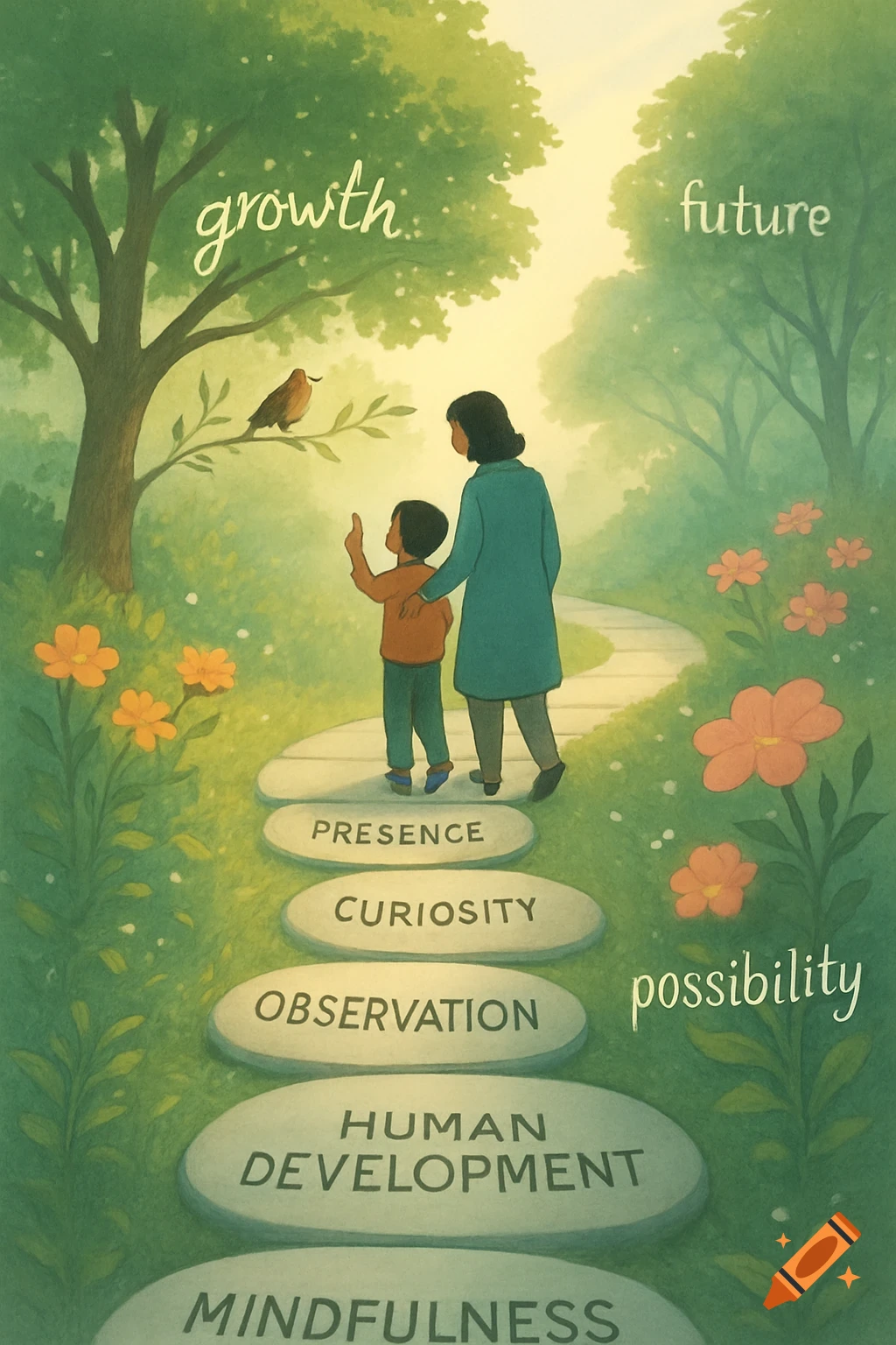 An adult and child walk on stepping stones labeled with concepts like 'Presence' and 'Curiosity' through a lush, green path with trees and flowers. Words like 'growth' and 'future' float in the air.
