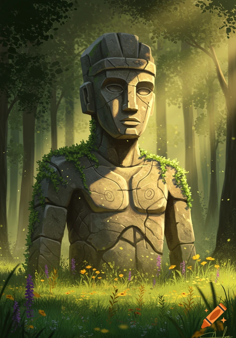 A tall, weathered stone statue covered in green vines stands in a sunlit, vibrant green forest surrounded by wildflowers.