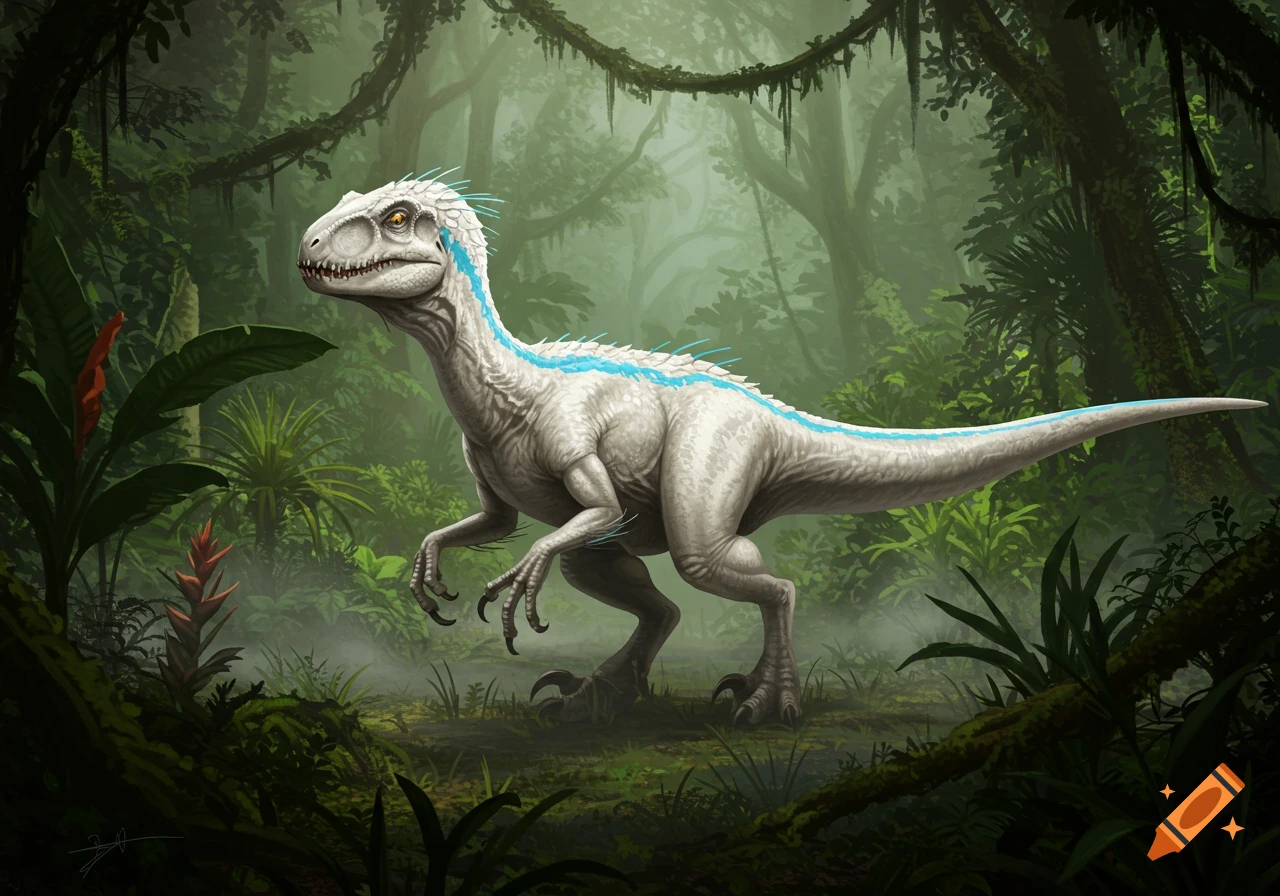 A white Indoraptor with a light blue stripe stands in a lush jungle.