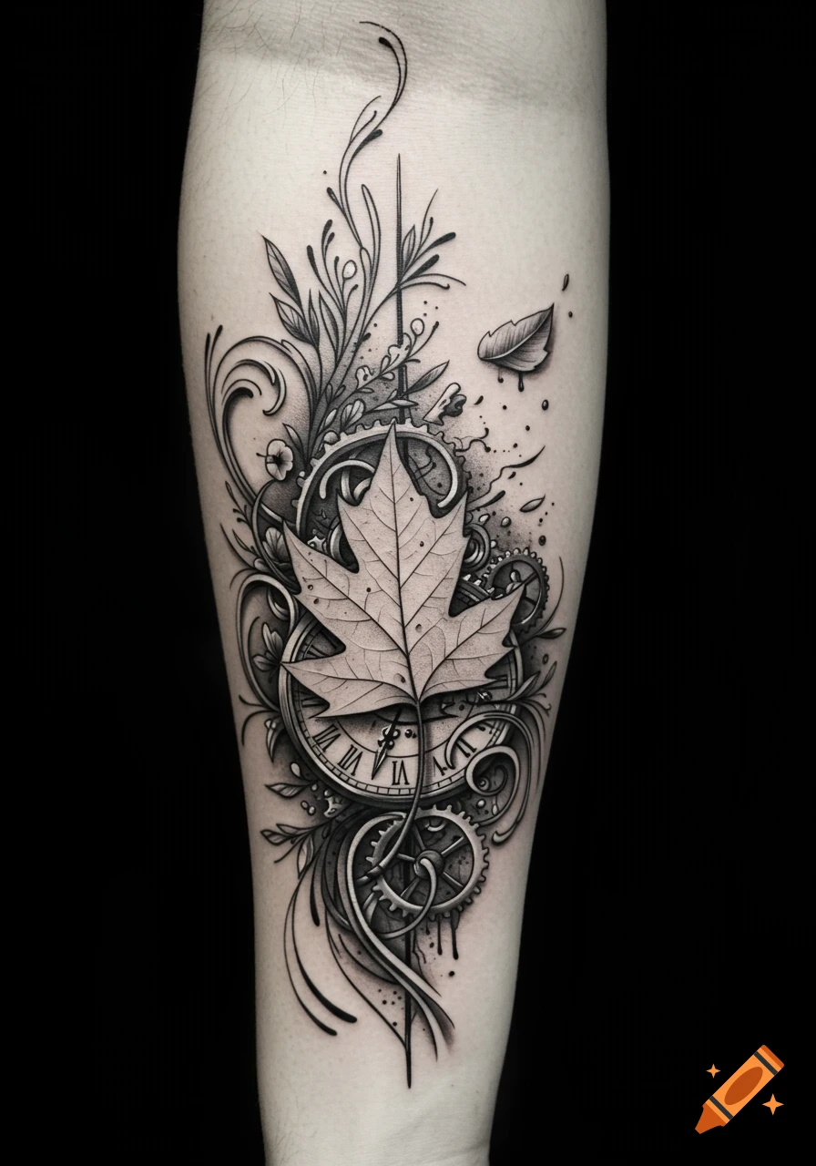 Black and white tattoo of a maple leaf, clock, gears, and swirling vines on an arm.