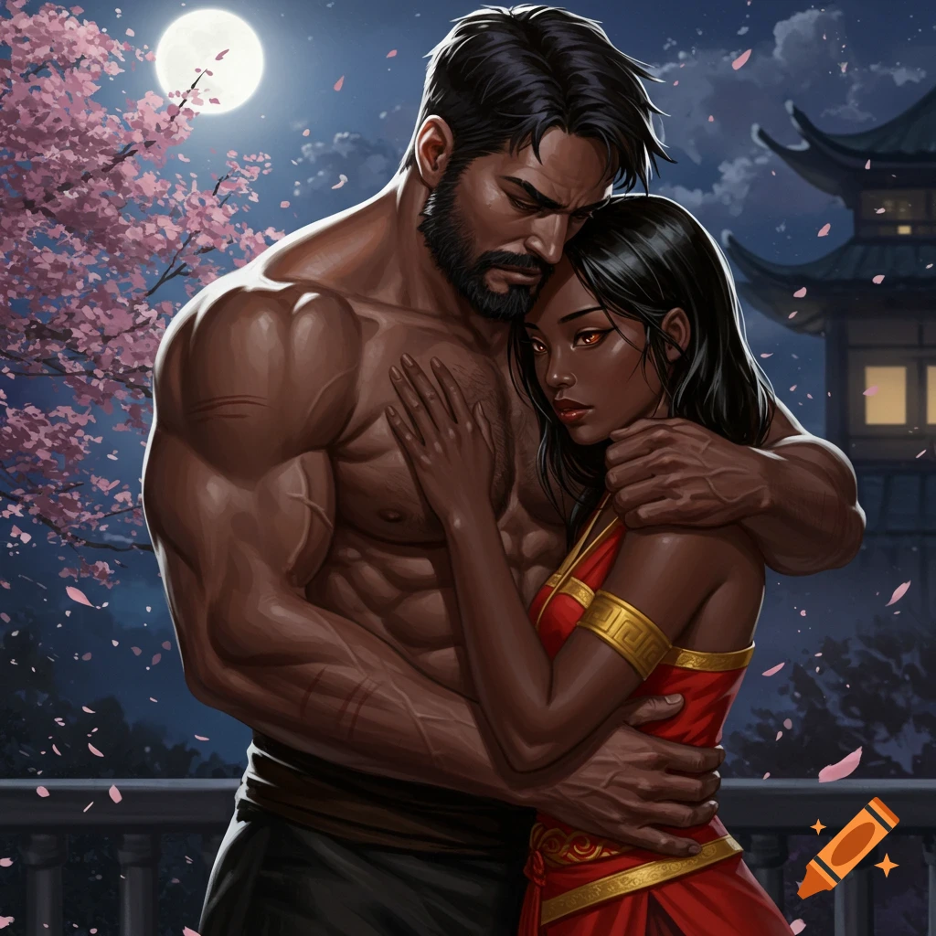Digital art of a muscular man embracing a slender woman under a full moon with cherry blossoms and an Asian-style building.