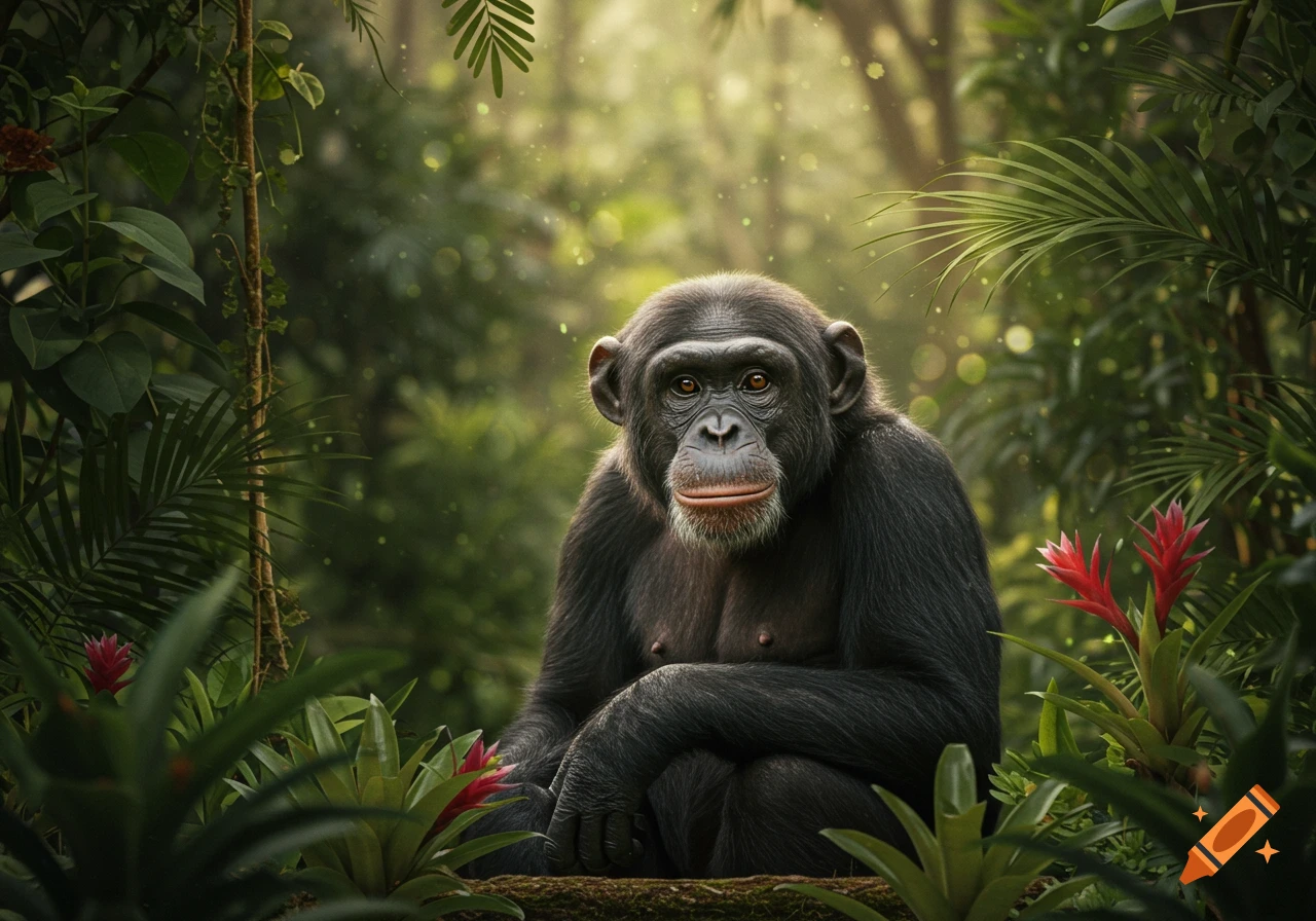 A realistic chimpanzee sits amidst lush green foliage in a sun-dappled jungle.