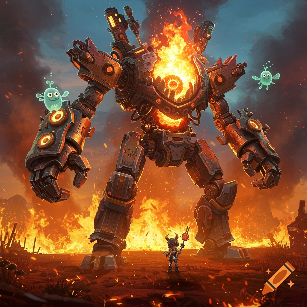 A massive, fiery mech stands over a small humanoid character in a burning, apocalyptic landscape with small floating creatures. Stylized digital art.