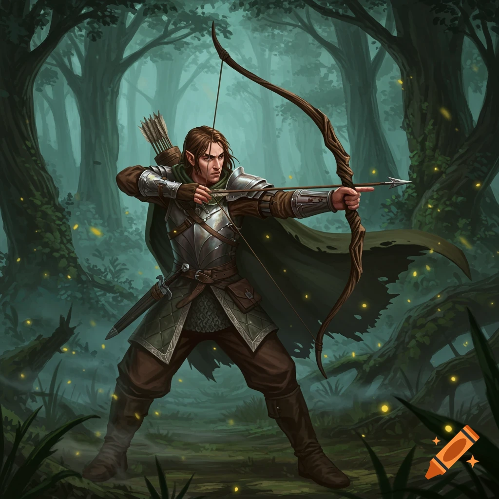 An elven archer in armor aims a bow and arrow in a dark, mystical forest with glowing lights.