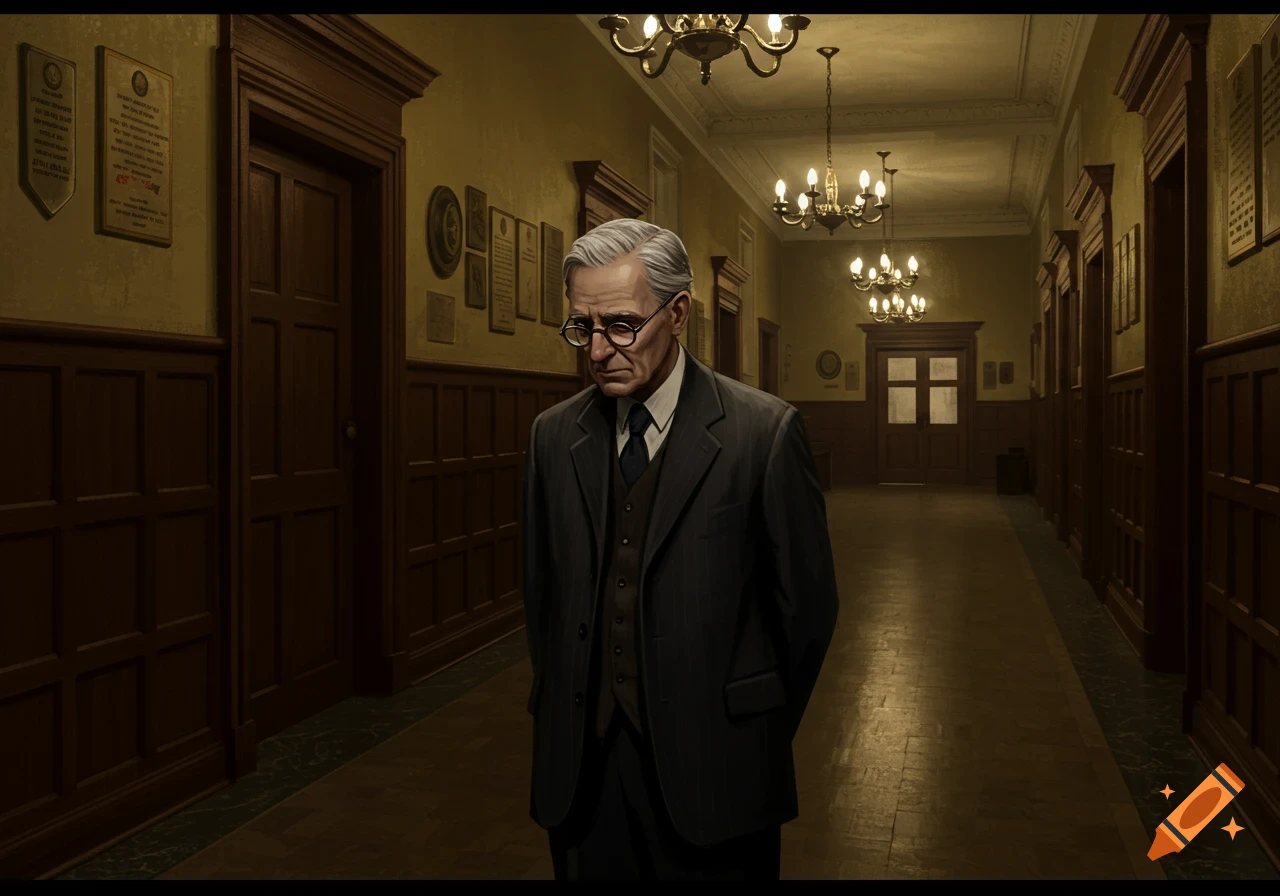 An elderly man in a suit and glasses stands contemplatively in a dimly lit school hallway.