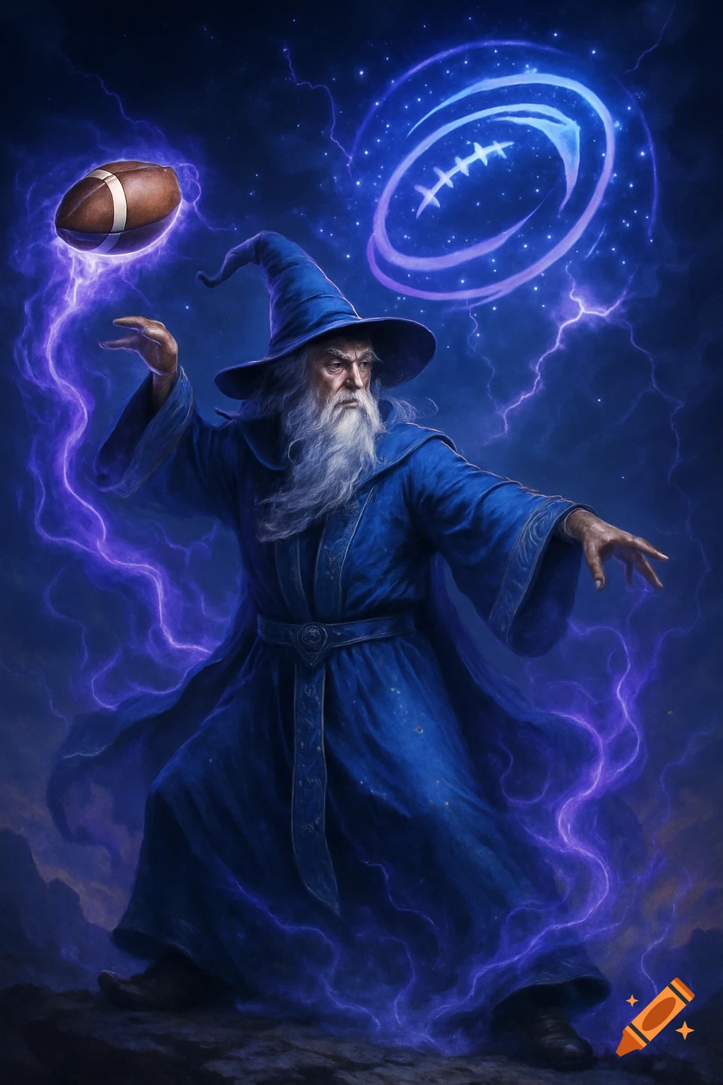 A bearded wizard in blue conjures an American football with purple lightning and a glowing blue football logo in a digital art style.