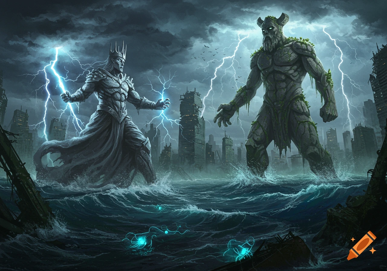A storm-powered prince and a stone god battle in a flooded, ruined city with lightning strikes.