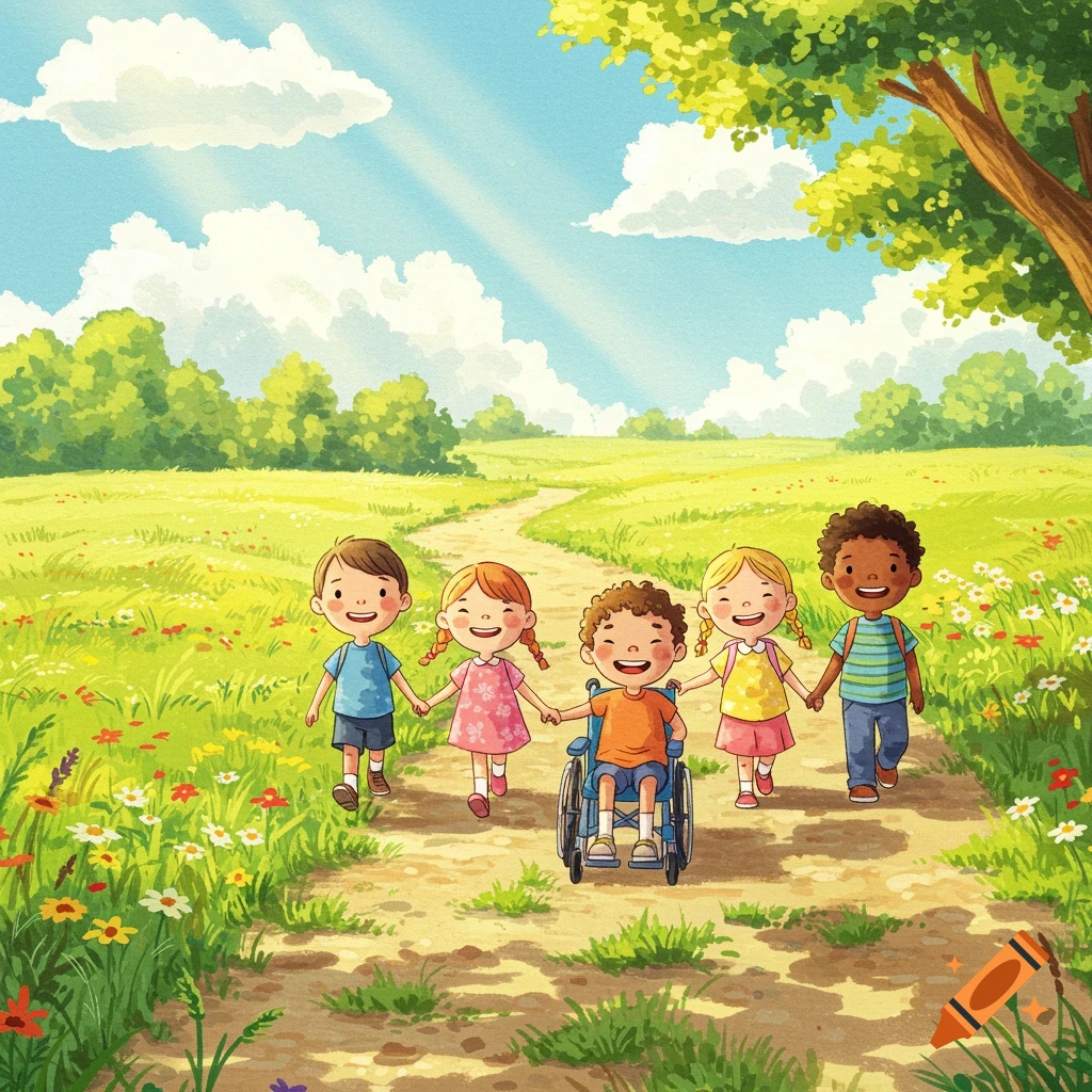 Cartoon illustration of diverse children, including one in a wheelchair, holding hands and walking on a path through a sunny green field.