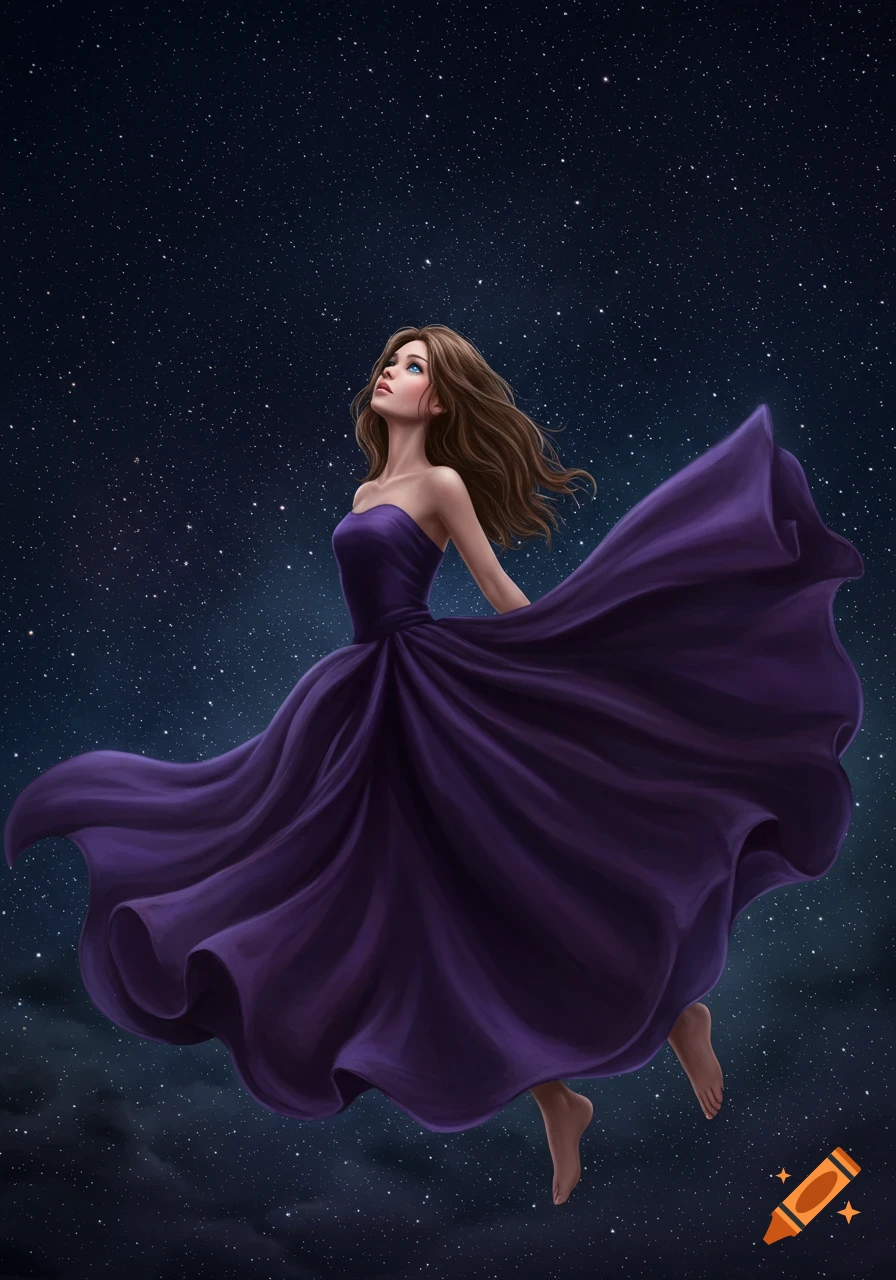 A woman with brown hair and a flowing purple dress floats against a starry night sky, looking up.