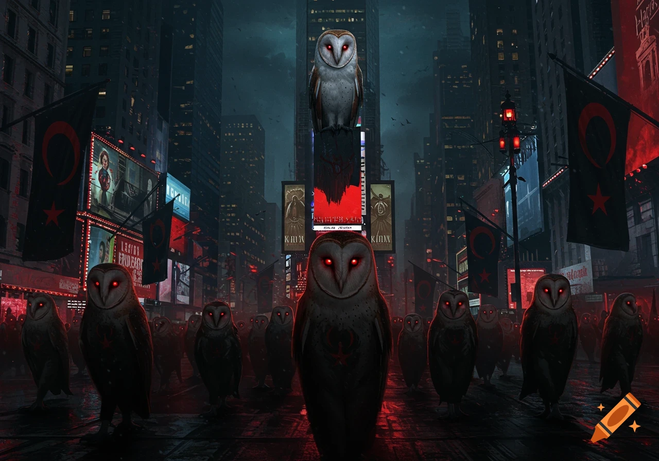 A dark Times Square street at night, filled with a parade of barn owls with glowing red eyes under looming skyscrapers and ominous black and red flags.
