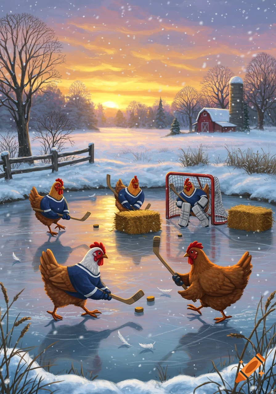 Chickens play ice hockey on a frozen pond at sunset in a snowy farm landscape.