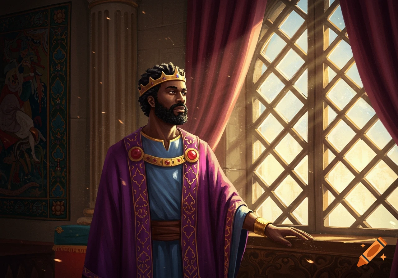 A majestic Black king in a purple and gold robe looks pensively out of a sunlit latticed window.