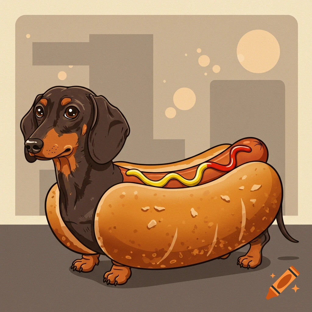 Cartoon illustration of a dachshund dog as a hot dog in a bun with mustard and ketchup on a brown background.