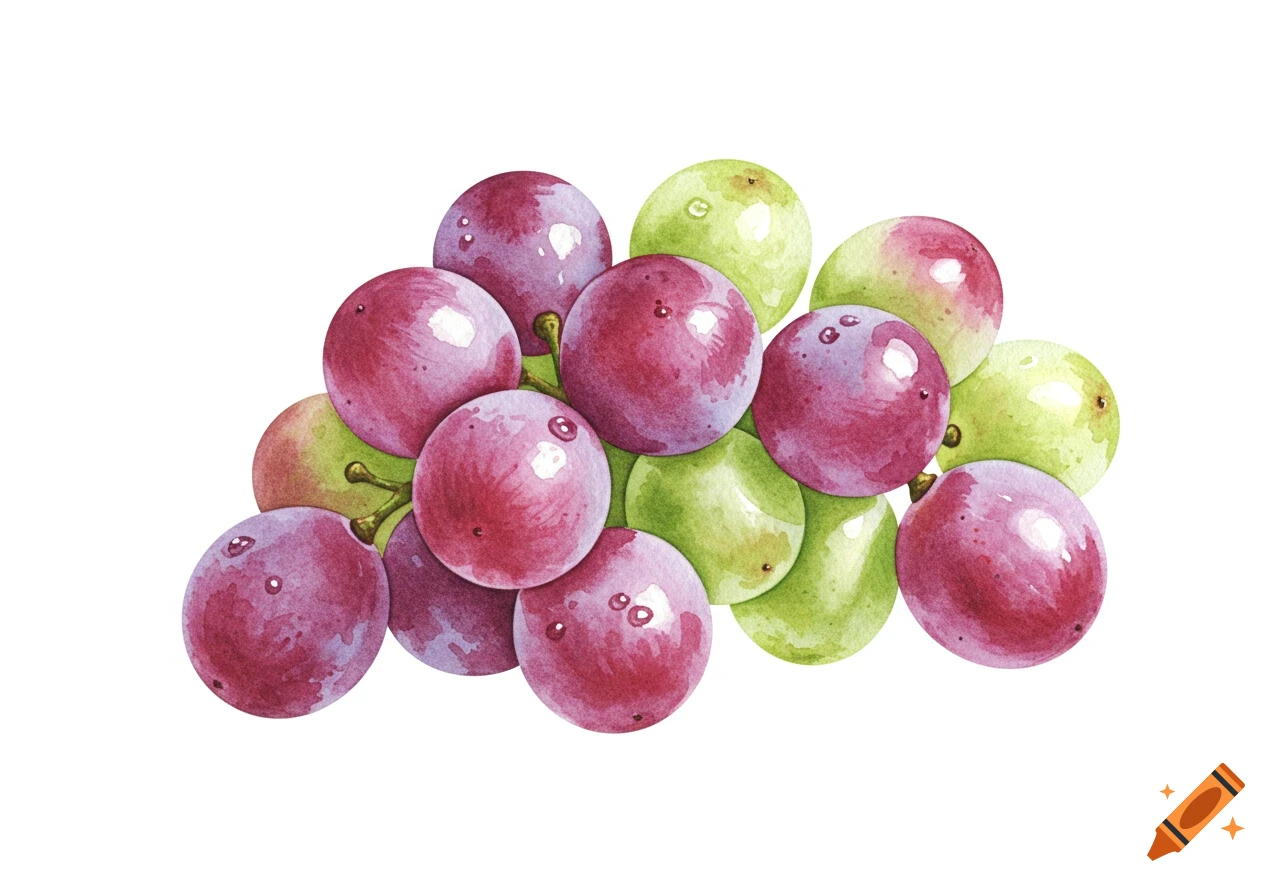 A watercolor illustration of a cluster of red and green grapes.