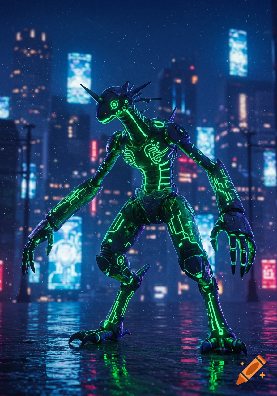 A dark, futuristic robot creature with glowing green circuit patterns stands on a wet street in a neon-lit cyberpunk city at night.