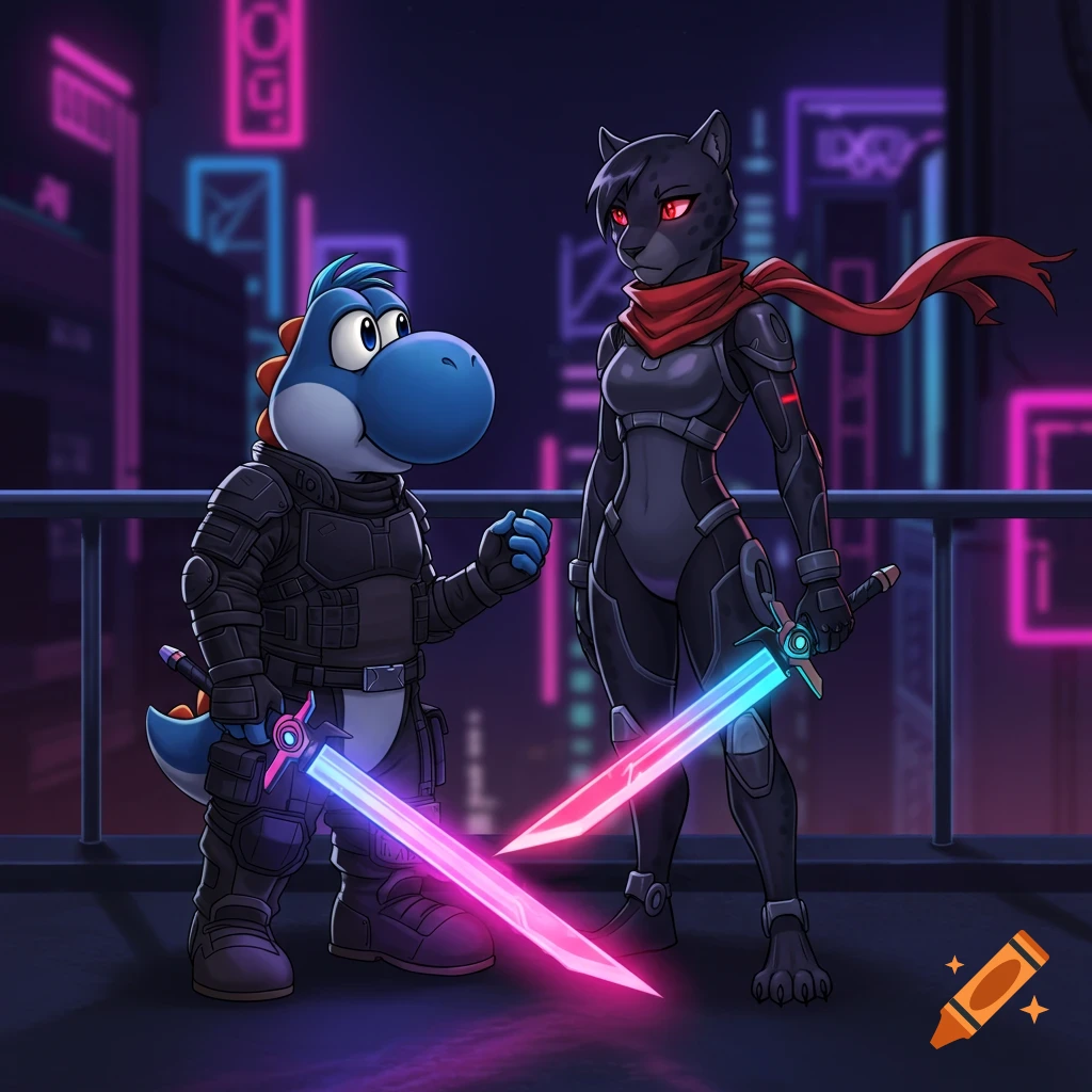 A blue Yoshi-like creature and a black panther warrior, both in futuristic armor and holding glowing swords, stand on a neon-lit cyberpunk balcony.