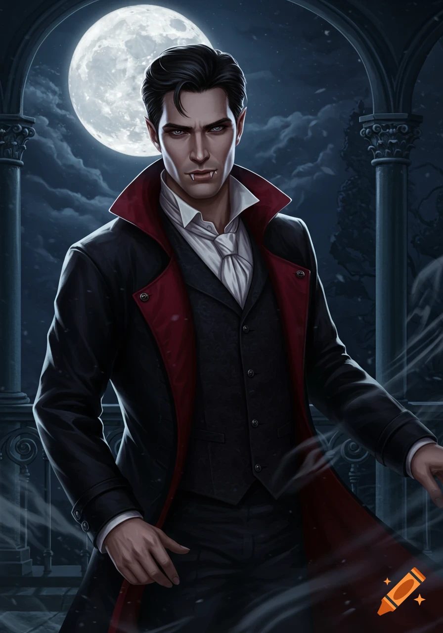 A dark-haired male vampire with pale skin, fangs, and glowing eyes, wearing a black coat with red lining under a full moon at night.