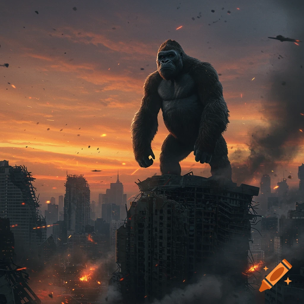A giant gorilla stands atop a destroyed skyscraper in a ruined city at sunset, with smoke and fire.