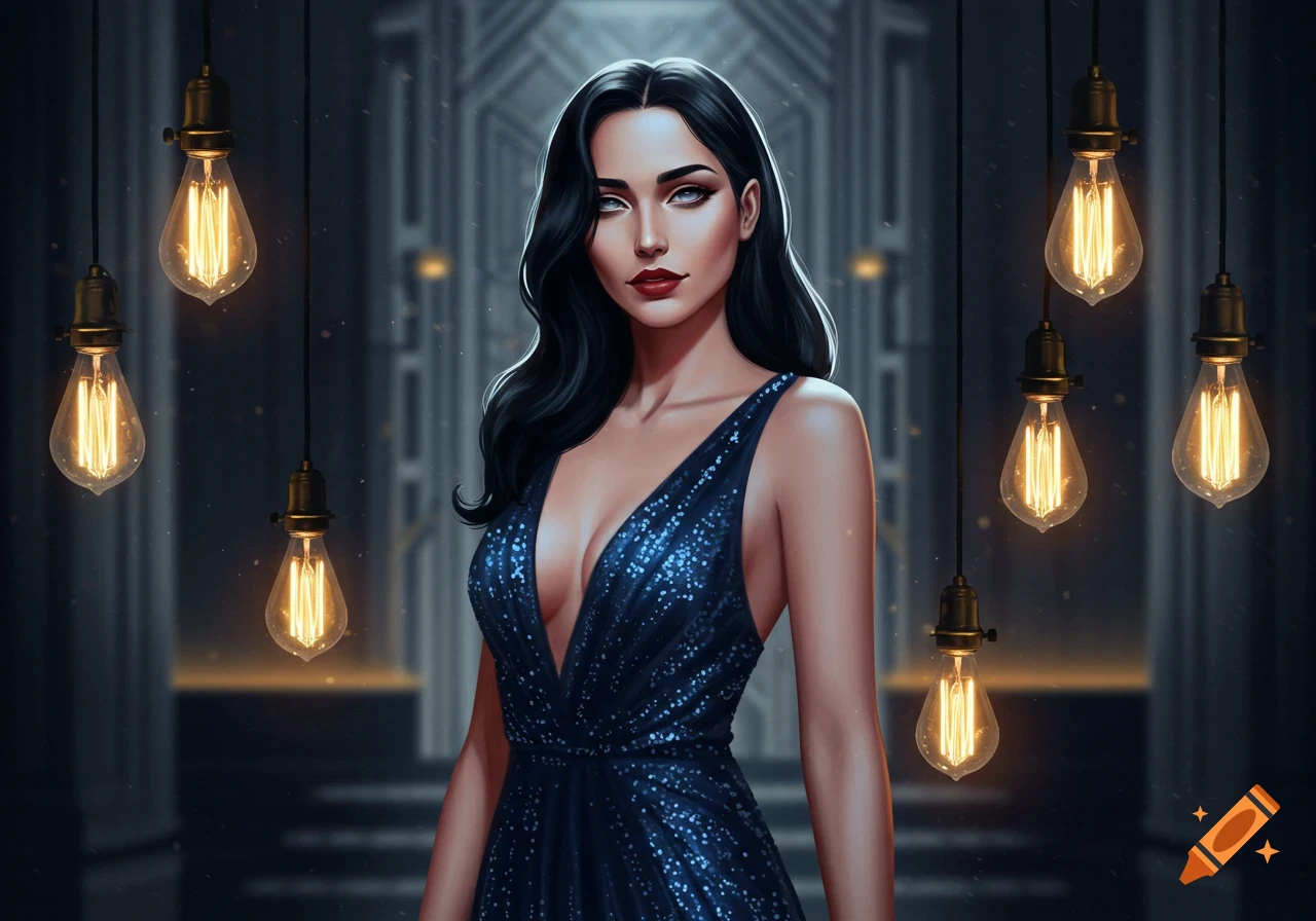 A stylized digital art portrait of a woman with dark hair in a blue sparkly dress, in an elegant hall with light bulbs.