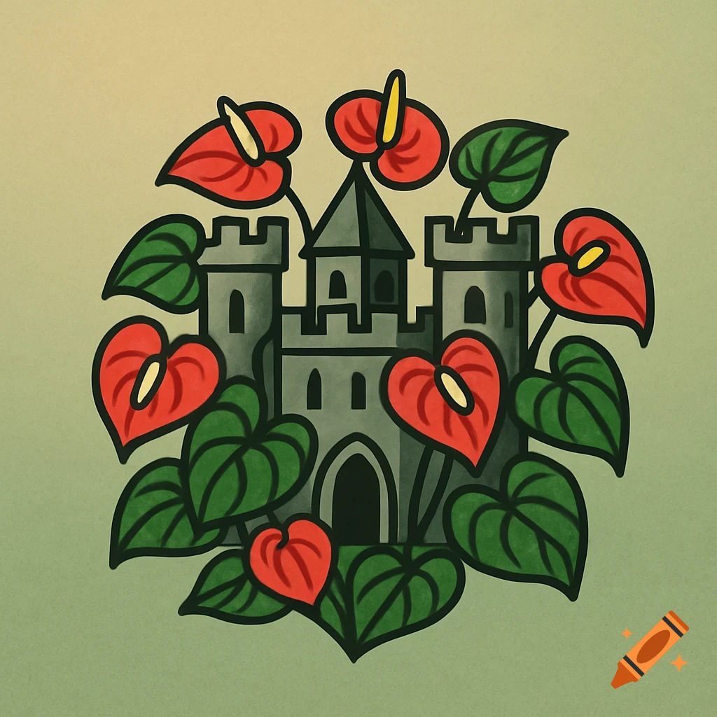 A stylized 2D logo of a grey castle with red anthurium flowers and green leaves growing around it.
