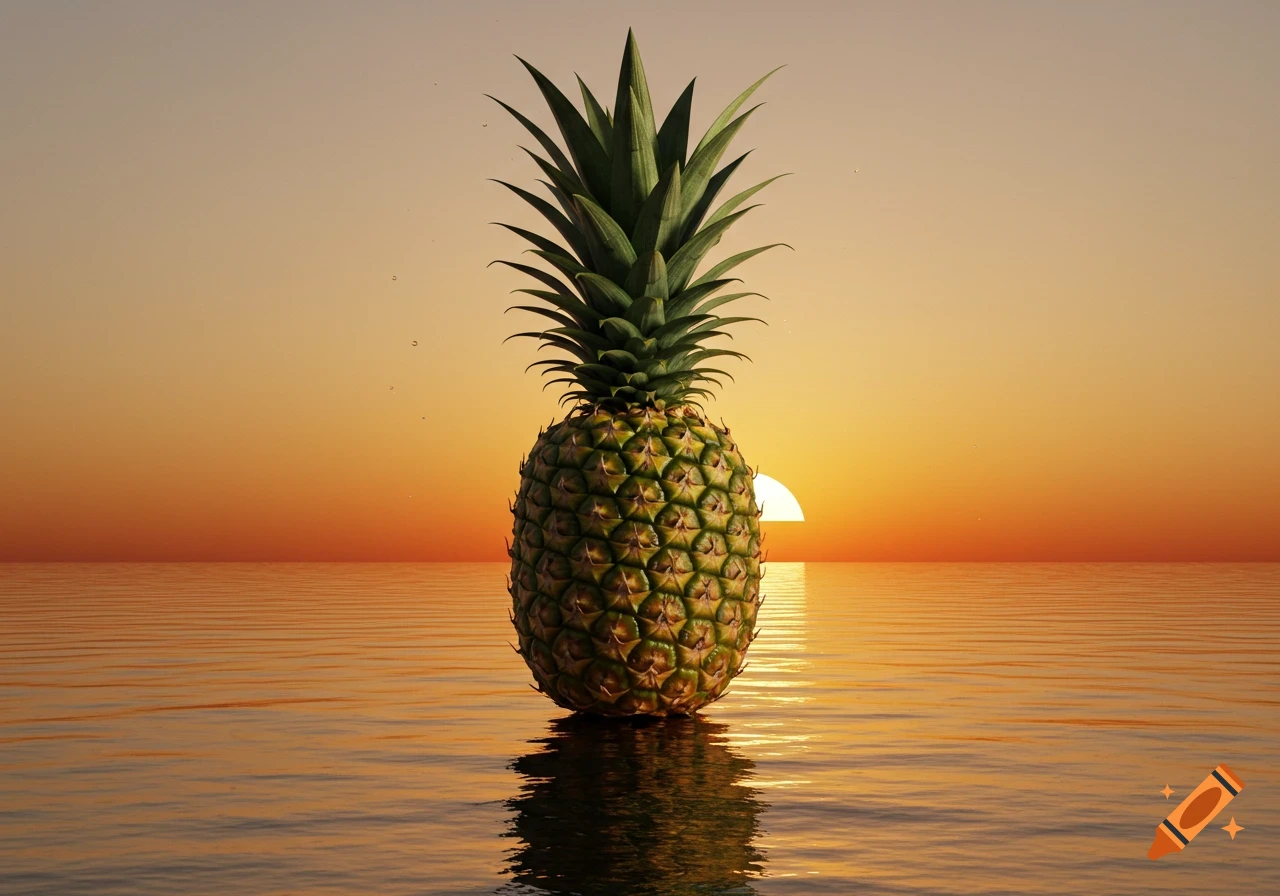 A photorealistic image of a pineapple standing in calm water during a vibrant sunset, with reflections on the water.