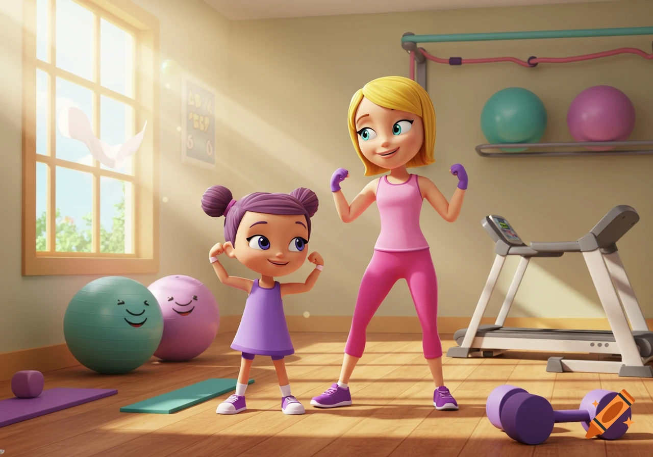 A cartoon woman and a girl flex their muscles in a sunny gym with exercise balls, a treadmill, and dumbbells.