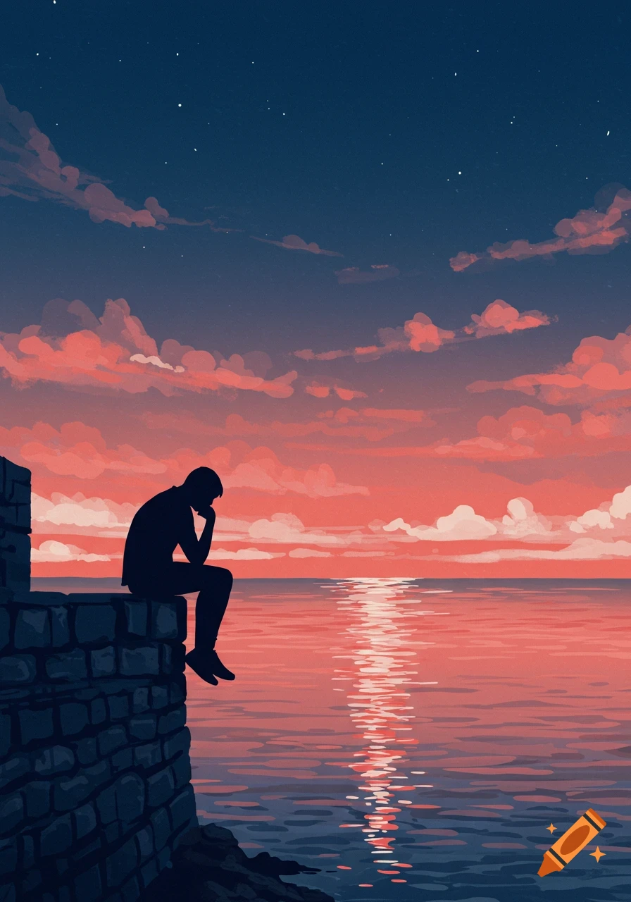 A person's silhouette sits on a stone wall overlooking the ocean at sunset with vibrant orange and pink clouds.
