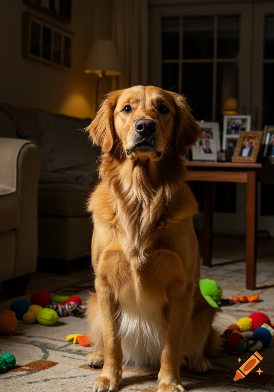 A golden retriever sits on a patterned rug surrounded by colorful toys in a dimly lit living room.