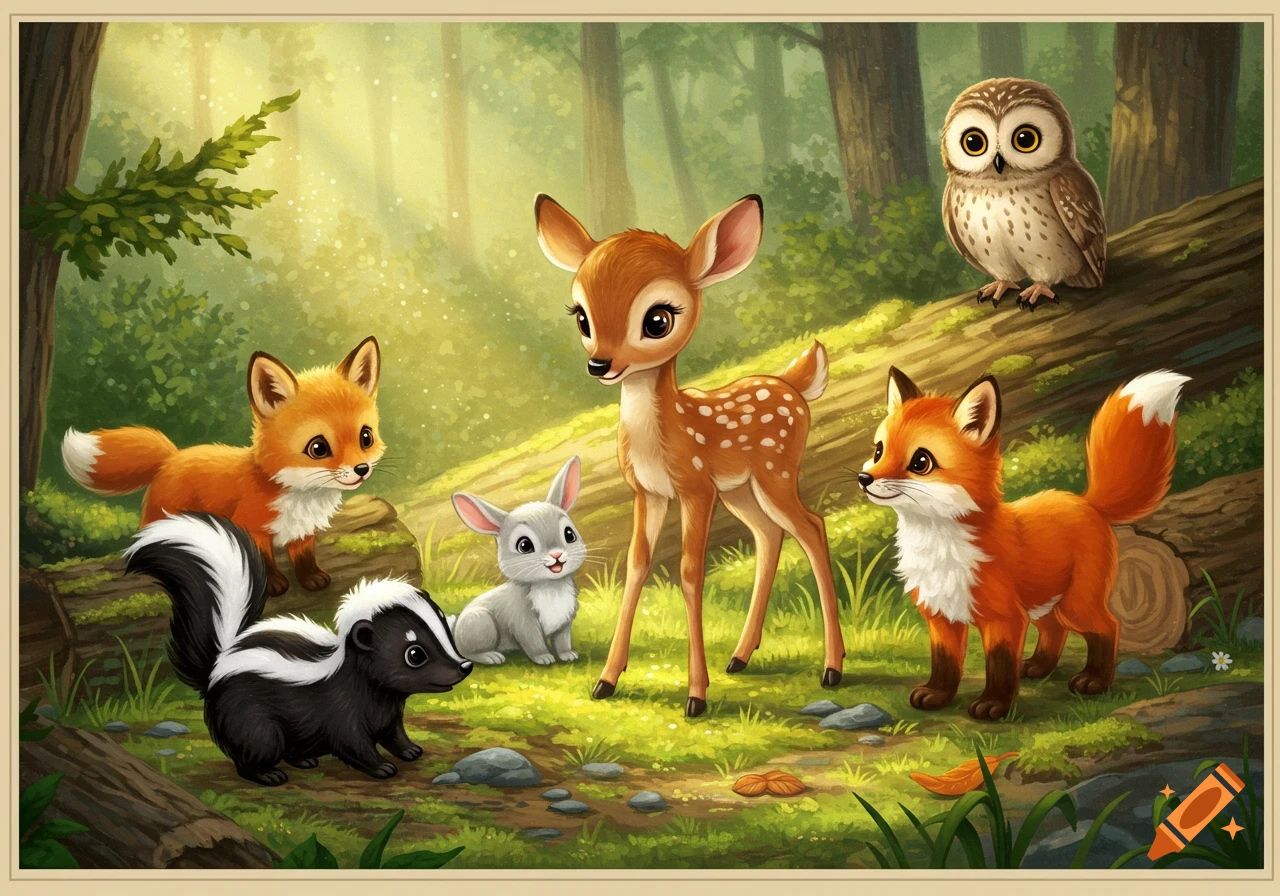 Cute illustration of baby forest animals including a skunk, deer, bunny, two foxes, and an owl in a sunny forest.