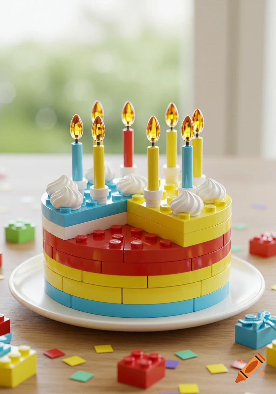Colorful birthday cake made of Lego bricks with lit candles on a white plate, surrounded by scattered Lego pieces.