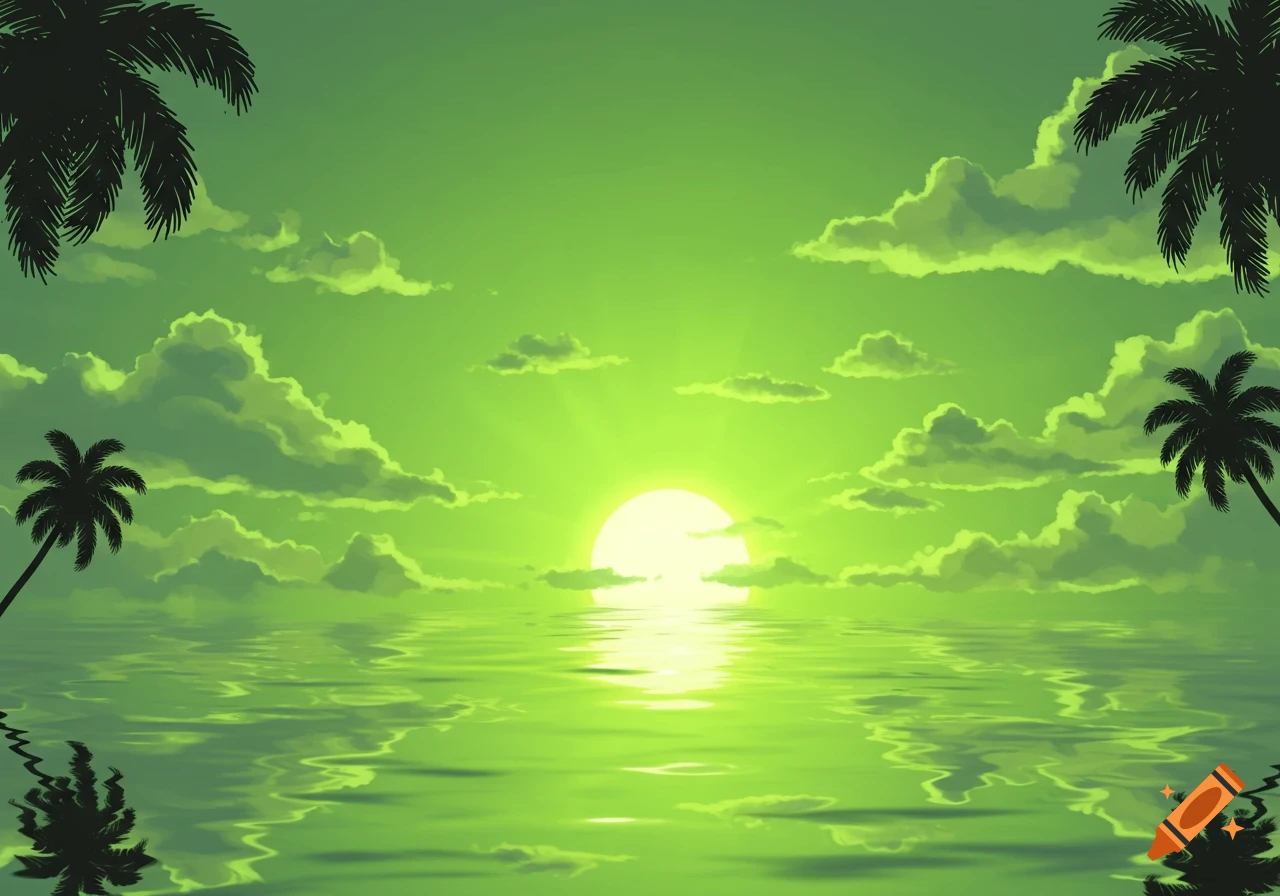 A vibrant lime green sunset over calm water with silhouetted palm trees on the sides.