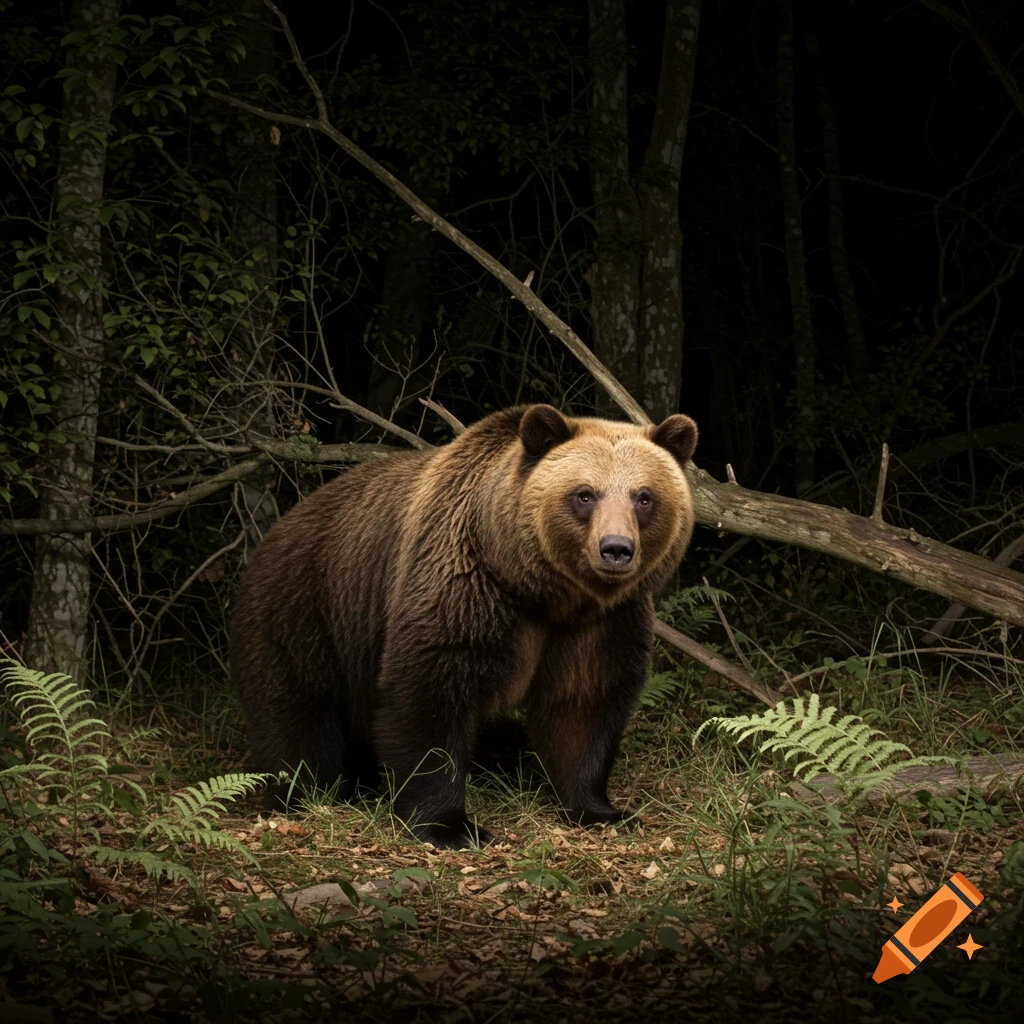 A brown bear stands in a dimly lit forest at night, looking forward.