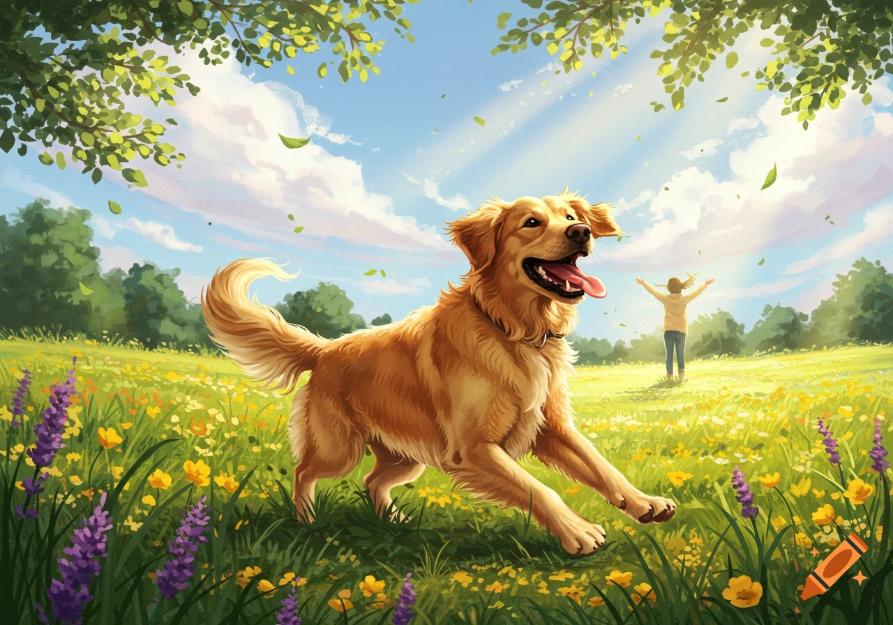 A happy golden retriever runs through a sunny field of wildflowers with a person in the background. Illustrated style.