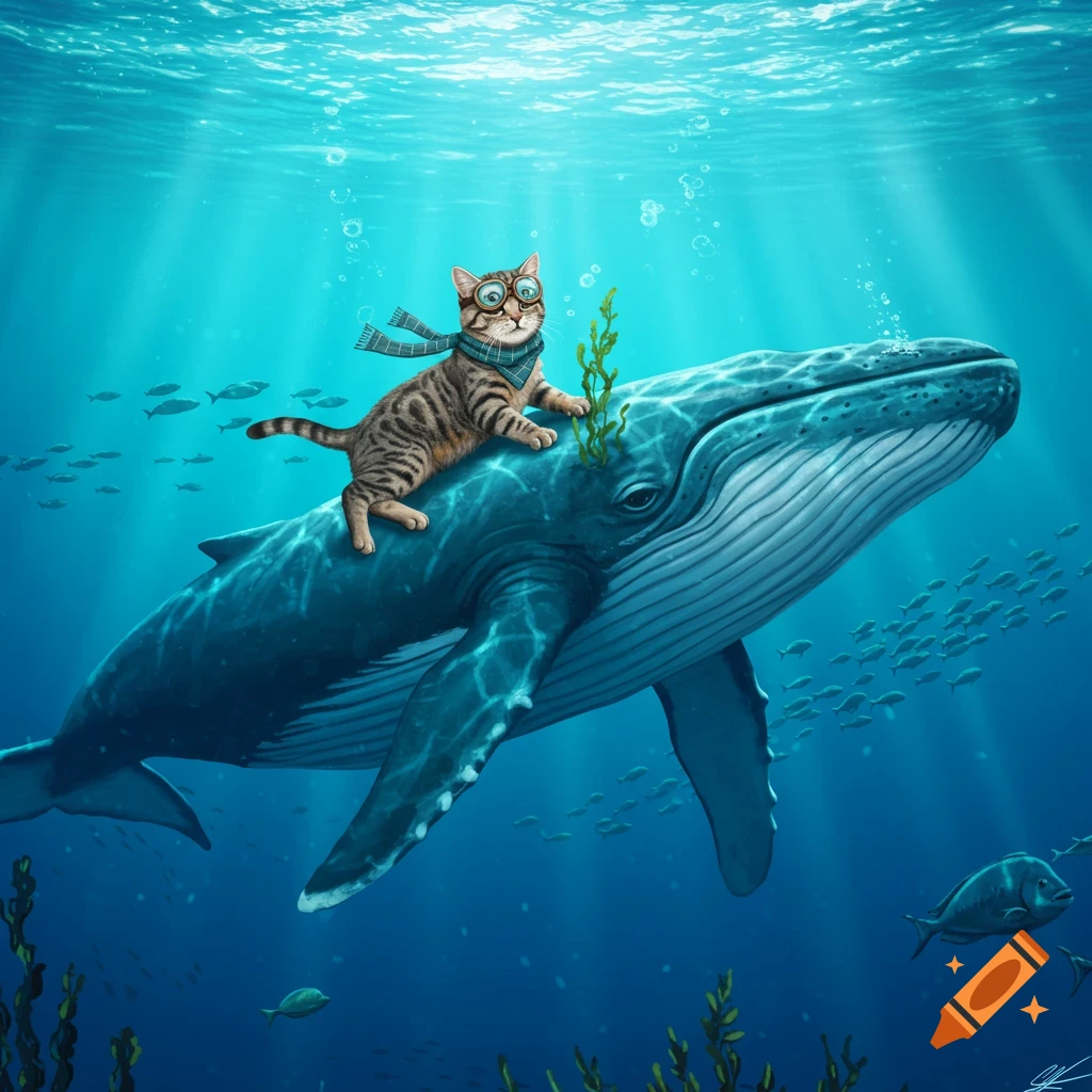 A whimsical illustration of a cat with goggles and scarf riding a whale underwater, with light rays and fish.