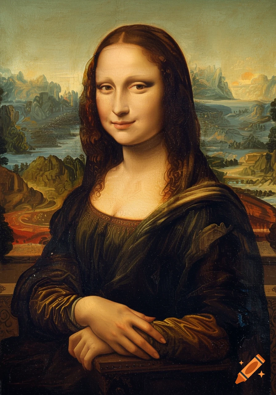 A famous portrait painting of Mona Lisa, a woman with a gentle smile in a dark dress, against a detailed, hazy landscape.