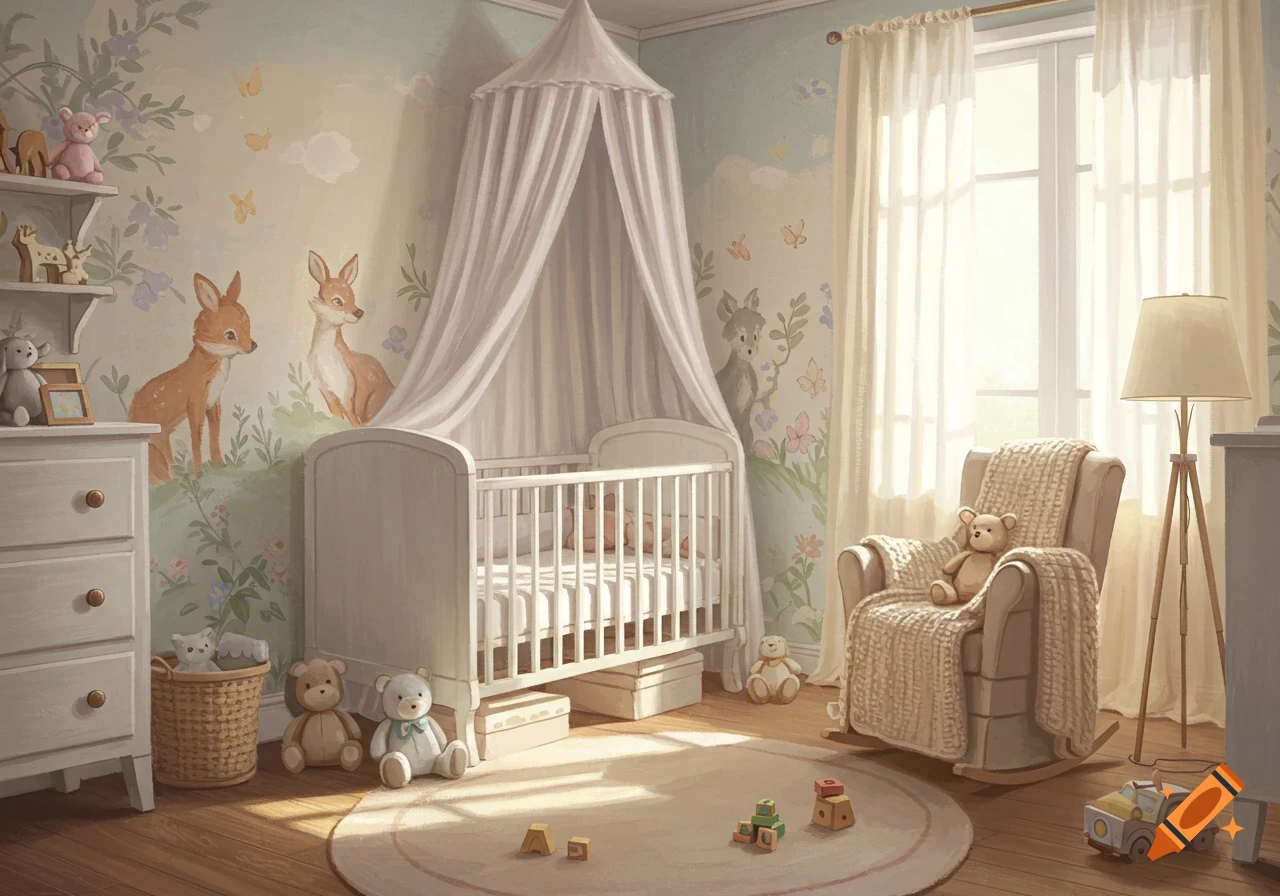 A cozy, warm-toned baby nursery with a white crib, rocking chair, stuffed animals, and forest animal murals on the wall.