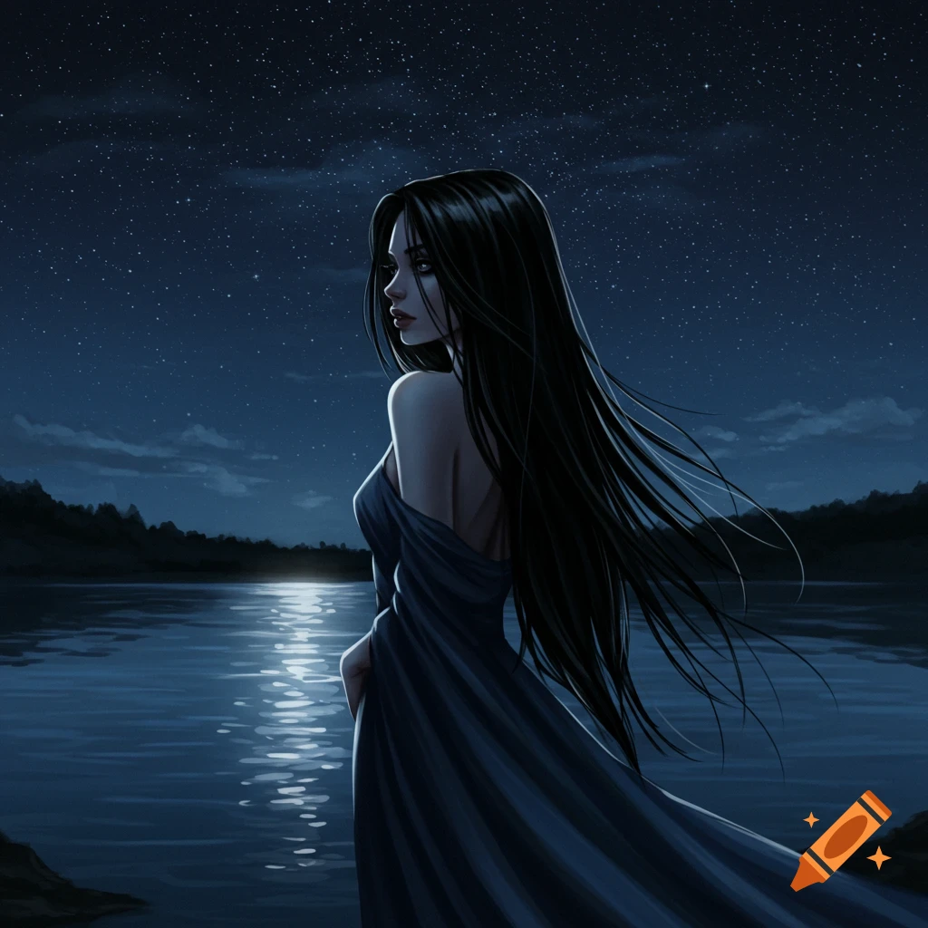 A dark-haired woman in a flowing dress stands by a moonlit lake under a starry night sky, looking over her shoulder.