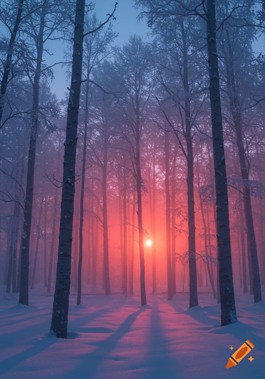 A snowy forest at sunrise with a vibrant red sun peaking through the trees and casting long shadows.