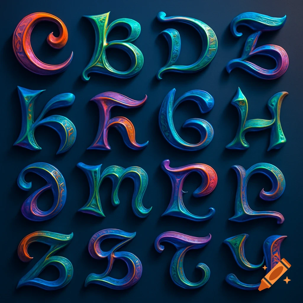 A grid of colorful, ornate, and stylized alphabet letters with intricate patterns, set against a dark background.