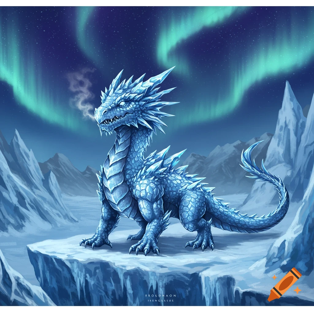 An ice dragon with sharp spikes and scales sits on a snowy cliff under a sky filled with bright green aurora borealis.