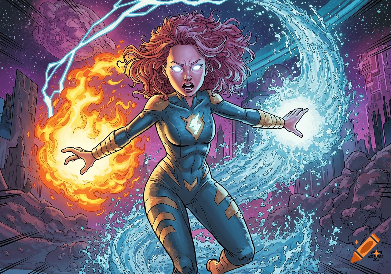 A female superhero with glowing eyes casts fire and water, surrounded by lightning in a futuristic city, in a comic book art style.
