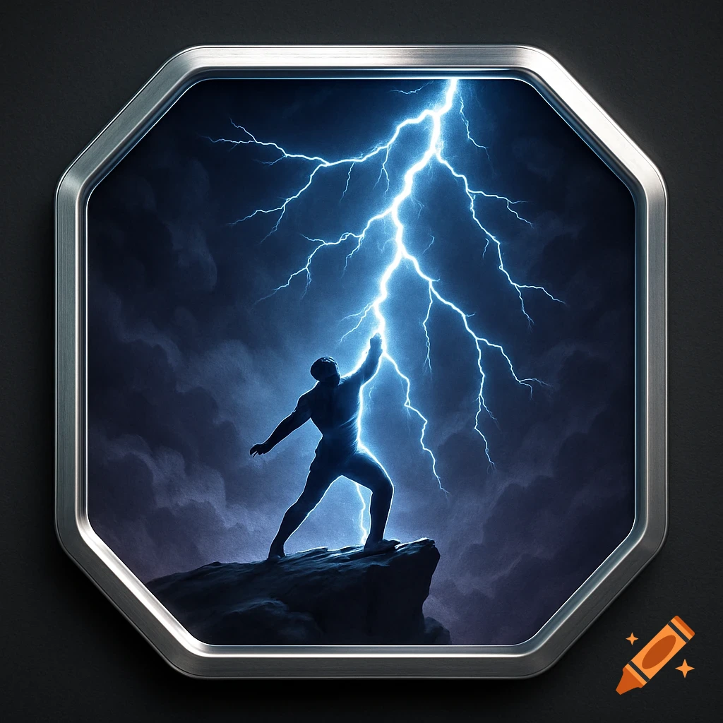 A powerful figure stands on a rocky peak, illuminated by a huge blue lightning bolt in a stormy sky, within a metallic octagonal frame.